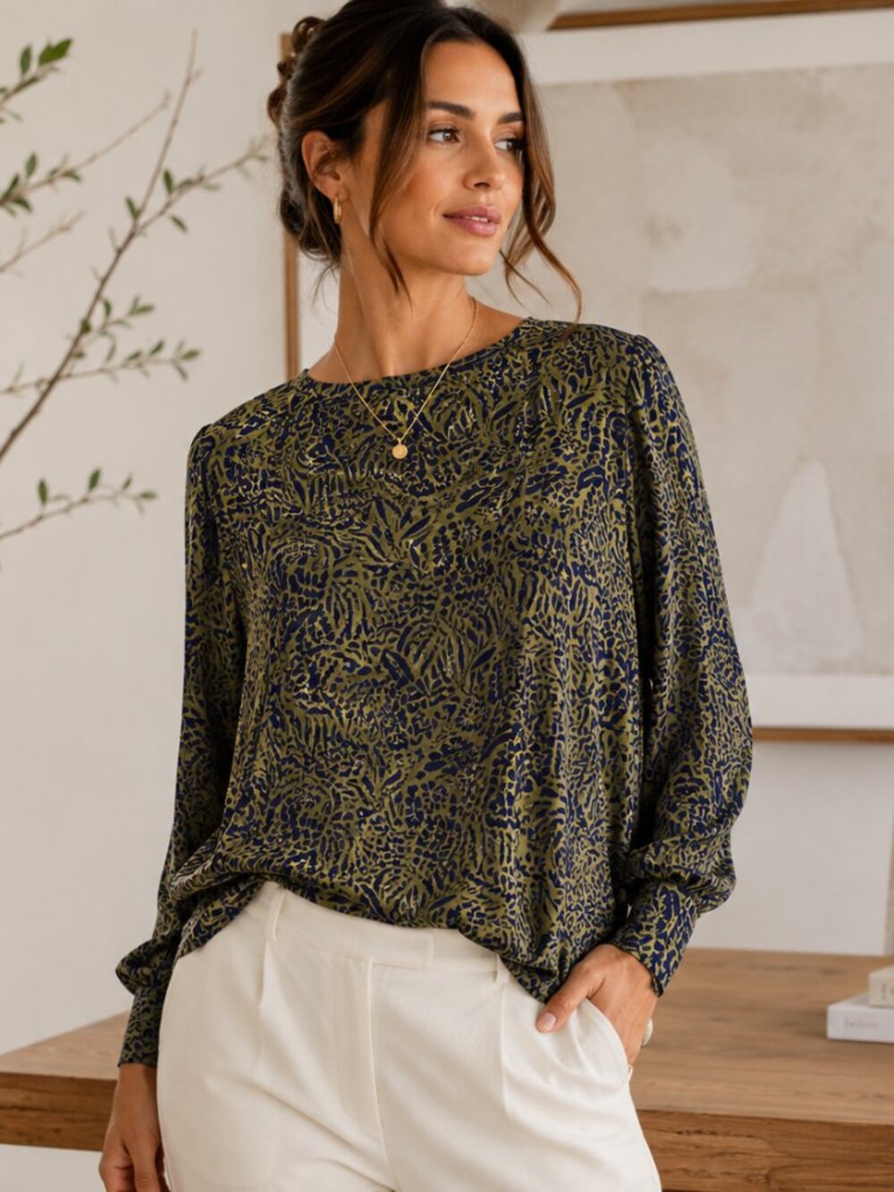 Melloday Women's XL Olive Navy Botanical Print Long Sleeve Knit Blouse Top